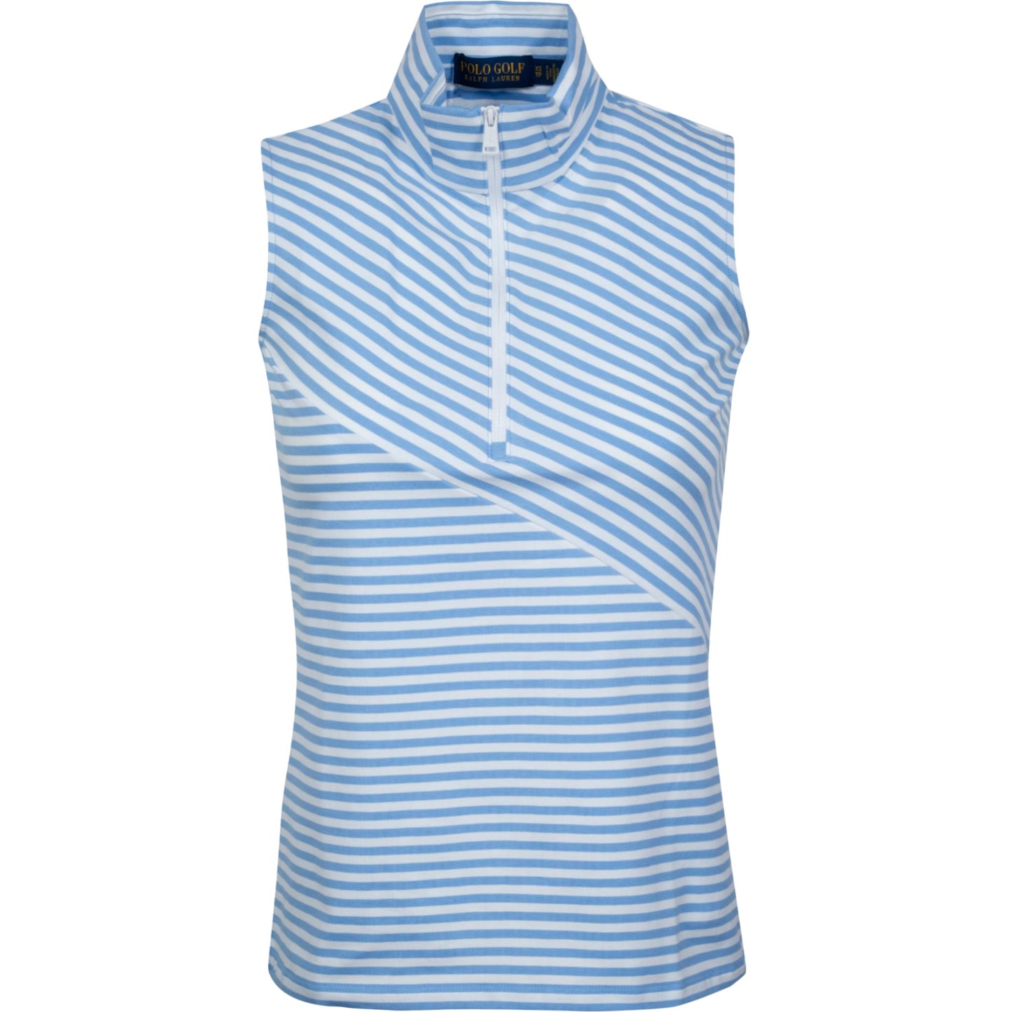 Women's Sleeveless 1/4 Zip Stripe-Blocked Cotton Lycra Jersey - Pure White/Blue lagoon