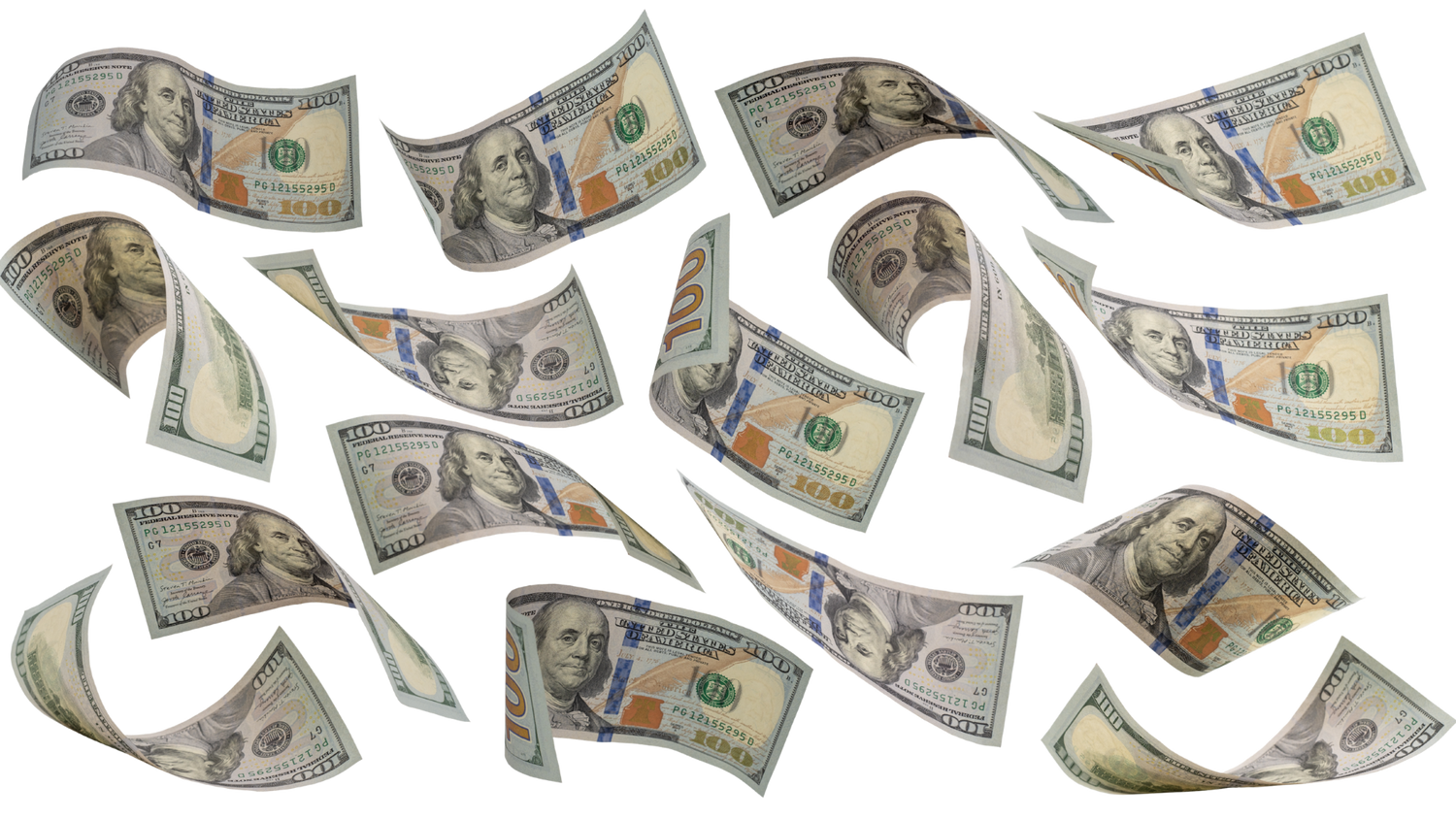 Fragments of a $100 bill on a white background