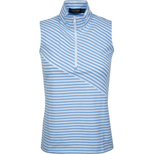 Women's Sleeveless 1/4 Zip Stripe-Blocked Cotton Lycra Jersey - Pure White/Blue lagoon